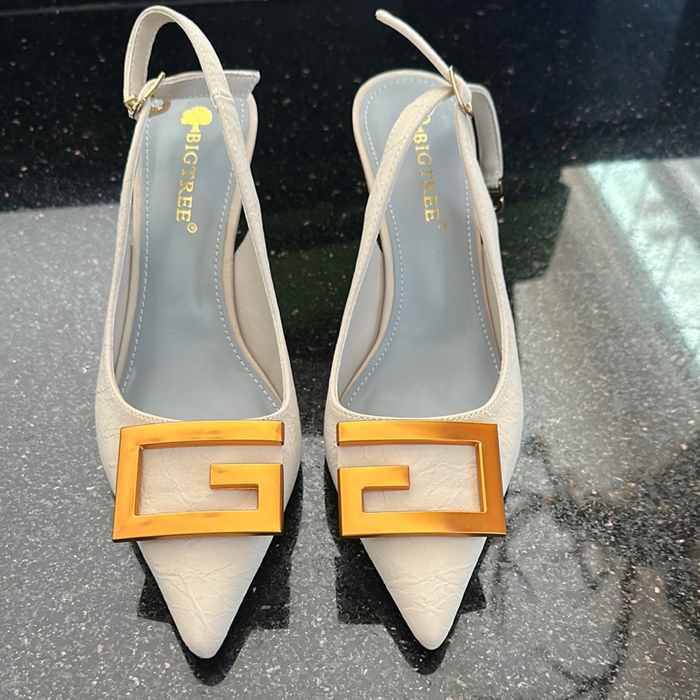 White Slingback Heels with Gold Accent